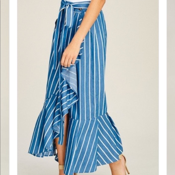 Ruffled Denim Wrap Striped Maxi Skirt - Picture 6 of 8